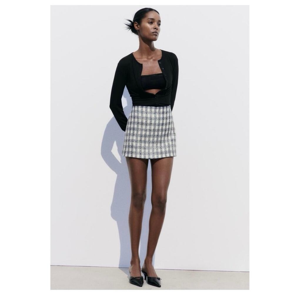 Zara woven tweed metallic navy blue white checkered skort size XL new with tags